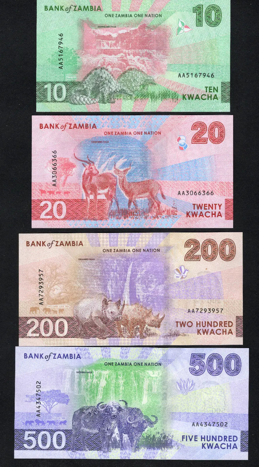 back of Zambia Set 4 Pcs 10 20 200 500 Kwacha 2024 2025 P 62 63 66 67 NEW UNC