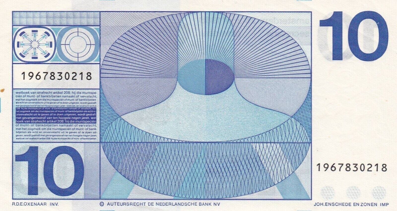 BANK OF NETHERLANDS , 10 GULDEN 1968 XF/ref d2 - worldbanknote