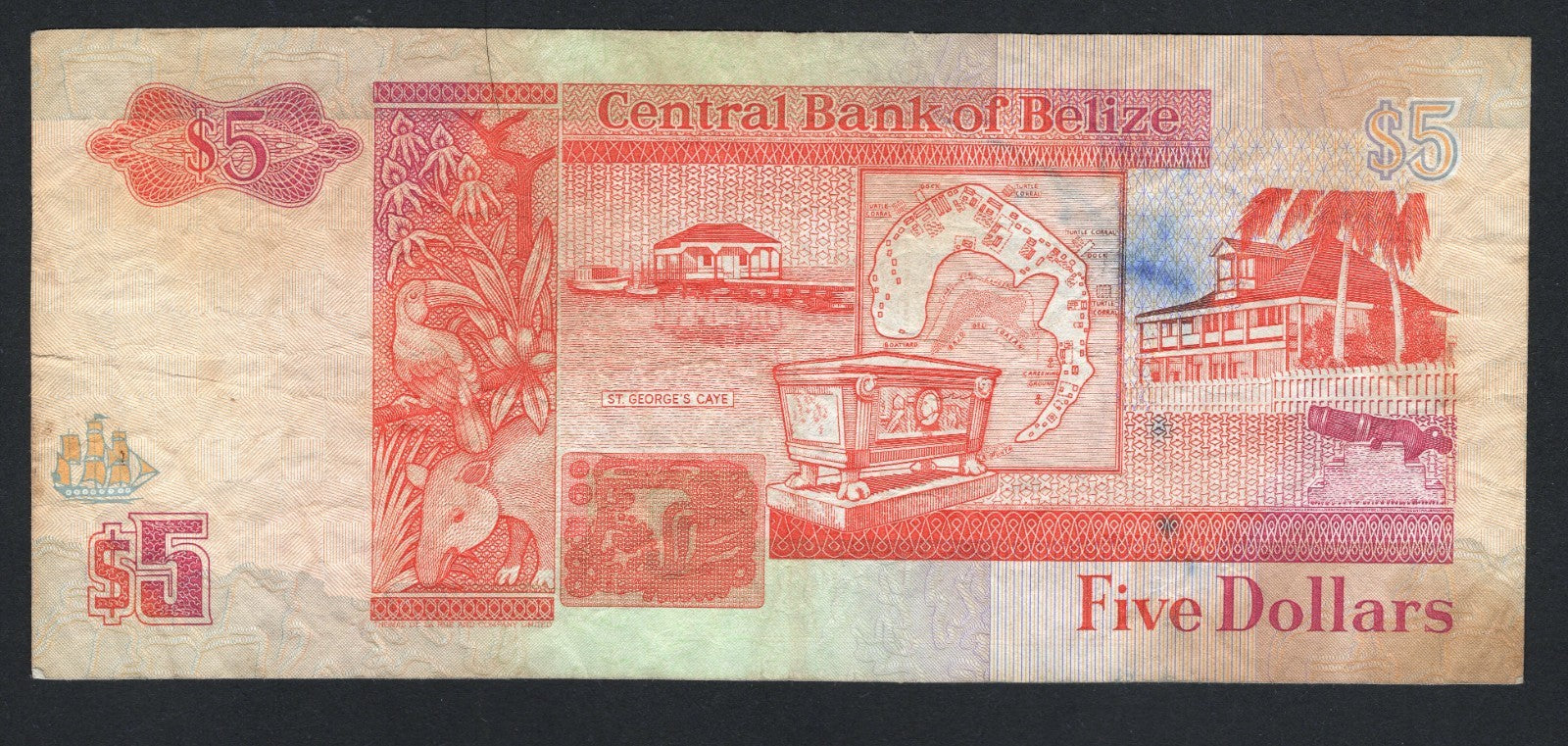 Belize 5 Dollars 1991 Circulated/F10