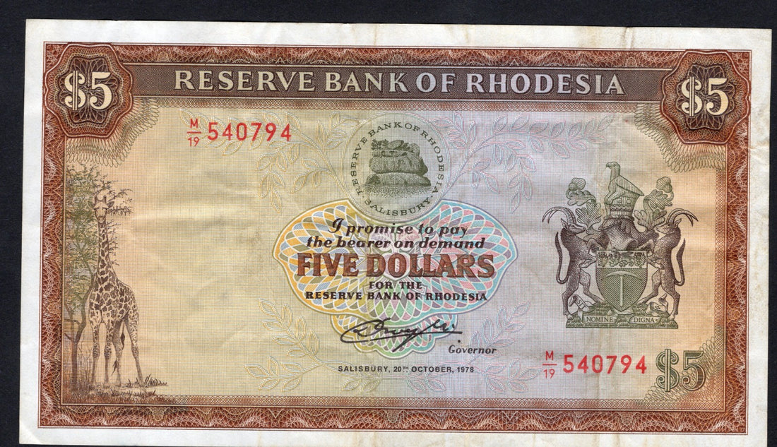 RESERVE BANK OF RHODESIA 5 DOLLARS 1978 BANKNOTE VF/REF D11