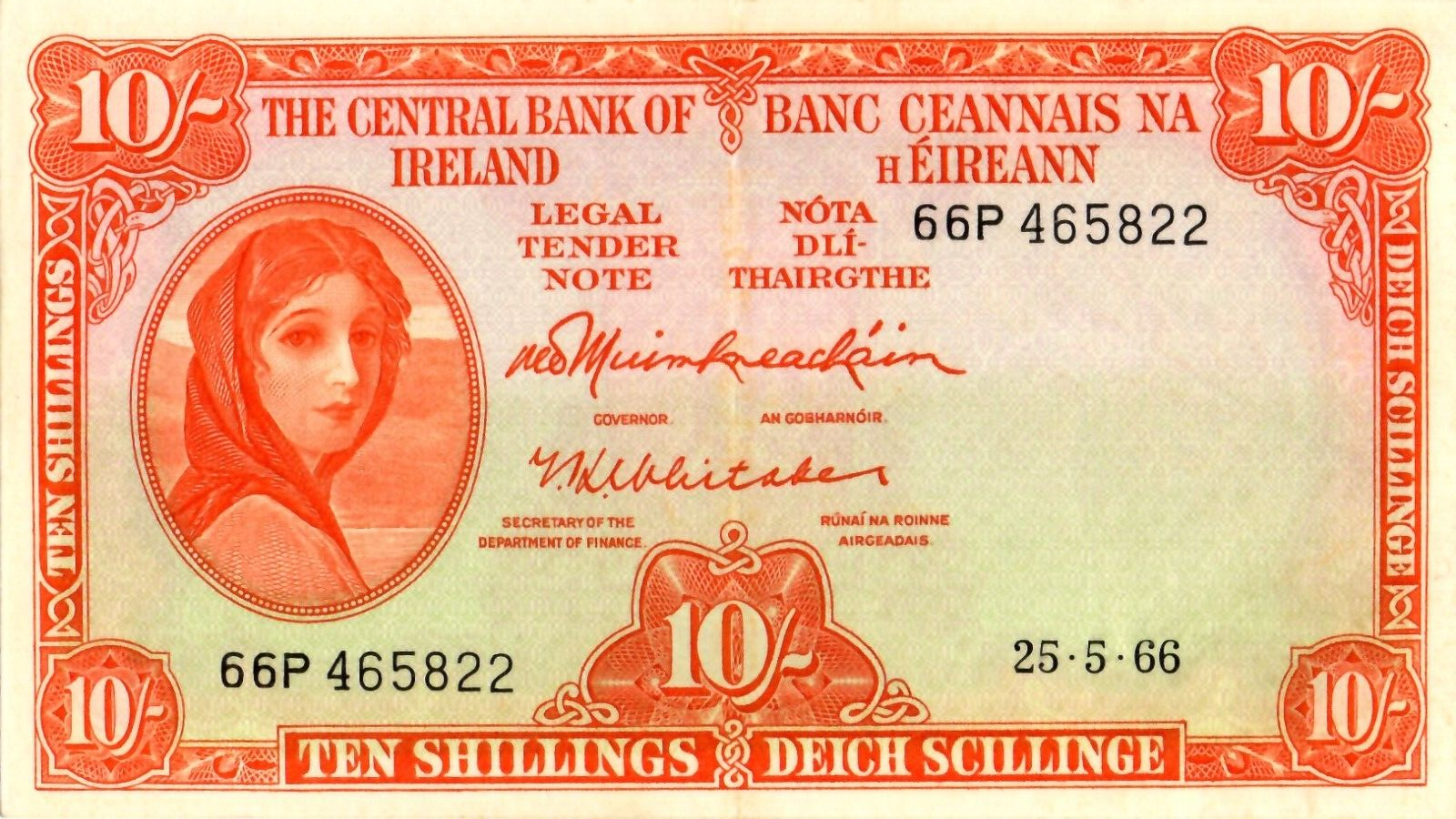 Ireland Lady Lavery 10 shilings Note 1966 Very Fine/B42 - worldbanknote