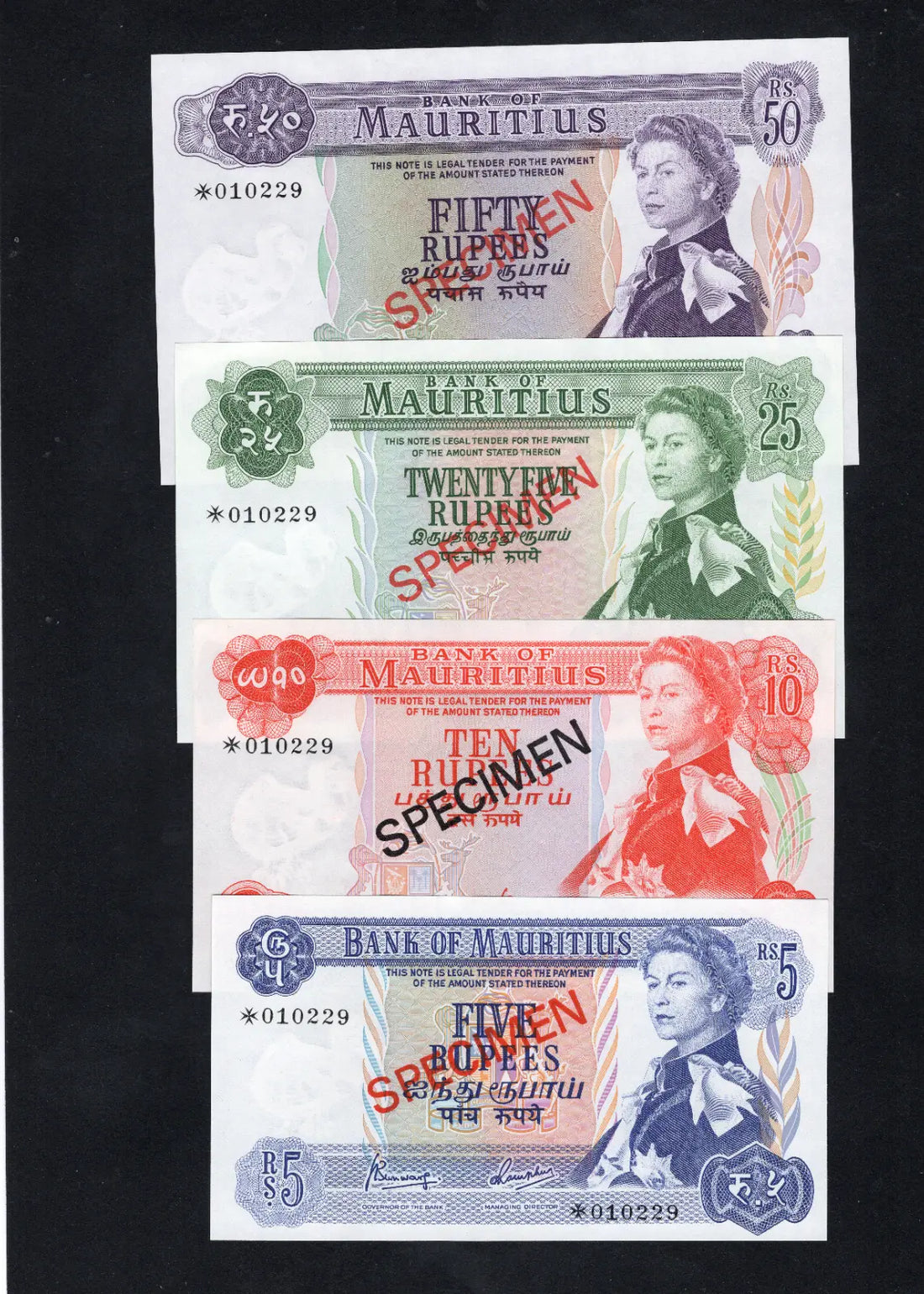 MAURITIUS 1978 SPECIMEN OF 4 x BANKNOTES 5 , 10 , 25 , 50 , RUPEES UNC/D10