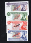 MAURITIUS 1978 SPECIMEN OF 4 x BANKNOTES 5 , 10 , 25 , 50 , RUPEES UNC/D10