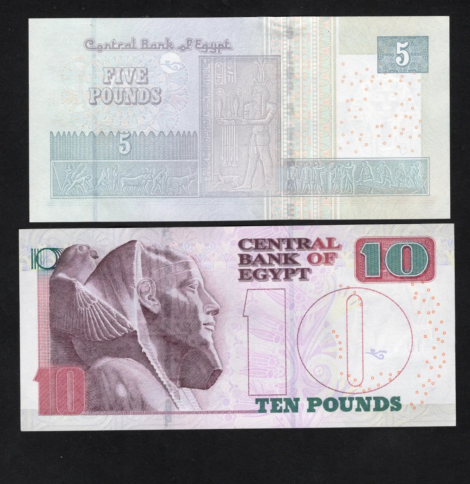 front of Egypt 10 Pounds(2025) , 5 Pounds(2023) Banknote UNC