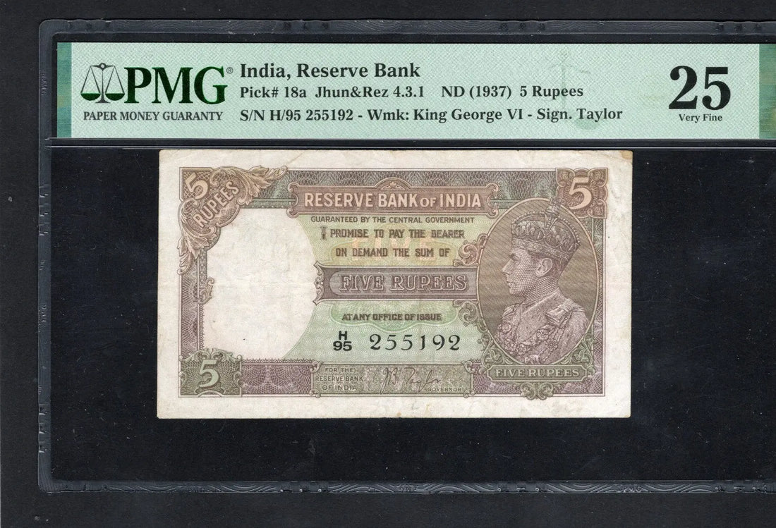 FRONT OF British India 5 Rupees ND (1937) KGVI Pick-18a CH UNC PMG 25