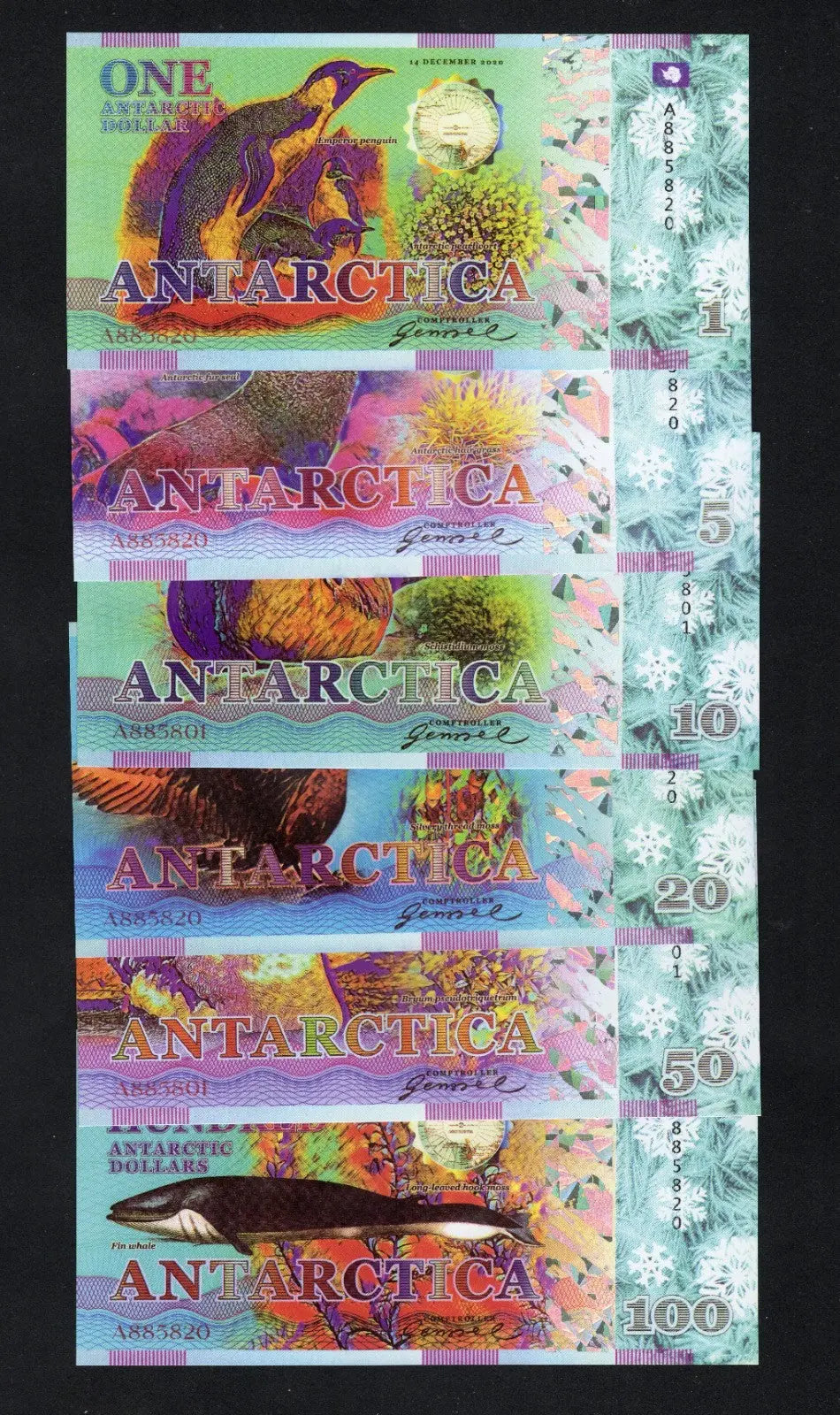 Antarctica Set 6 1 5 10 20 50 100 Dollars 2020 polymer Fantasy/w2