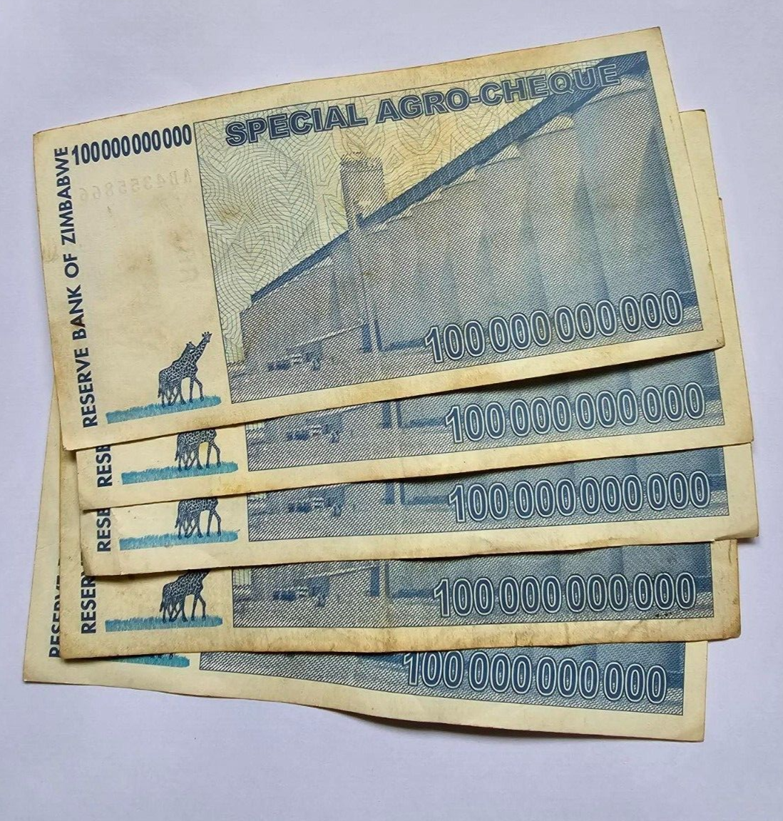 Zimbabwe 5x 100 Billion Dollars 2008 USED - worldbanknote