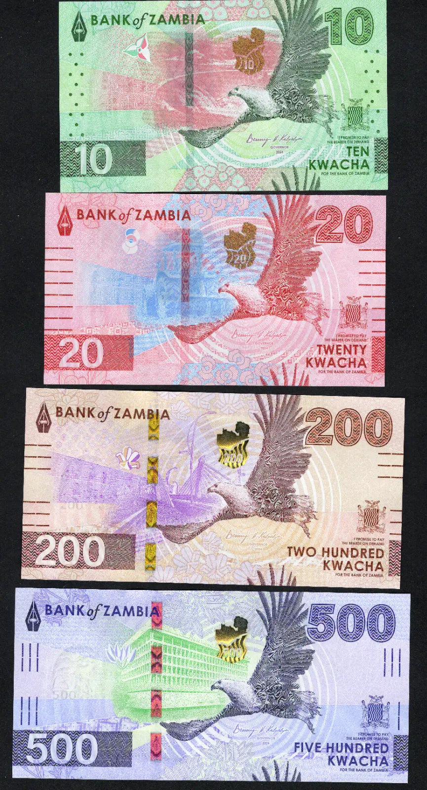 front of Zambia Set 4 Pcs 10 20 200 500 Kwacha 2024 2025 P 62 63 66 67 NEW UNC