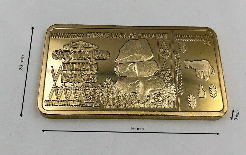 One Hundred Trillion Zimbabwe Gold Plated Bar Bullion Bar Ingot 50*28*3 mm - worldbanknote