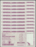 Zimbabwe 5 Billion Dollars Special Agro Cheque, 2008, P-61, UNC X 10 PCS