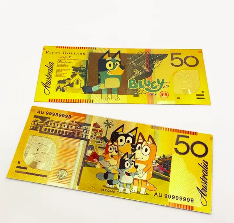 Set Of 5 Bluey  Gold Plated $50  Fantasy BankNotes