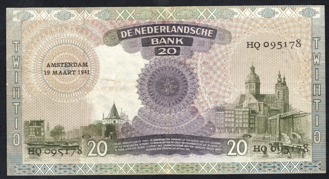 front of NETHERLAND 20 GUILDERS 1941 PICK 54 XF/w2