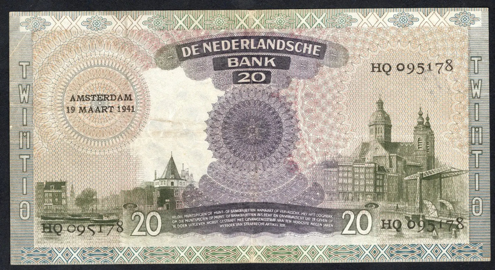 back of NETHERLAND 20 GUILDERS 1941 PICK 54 XF/w2