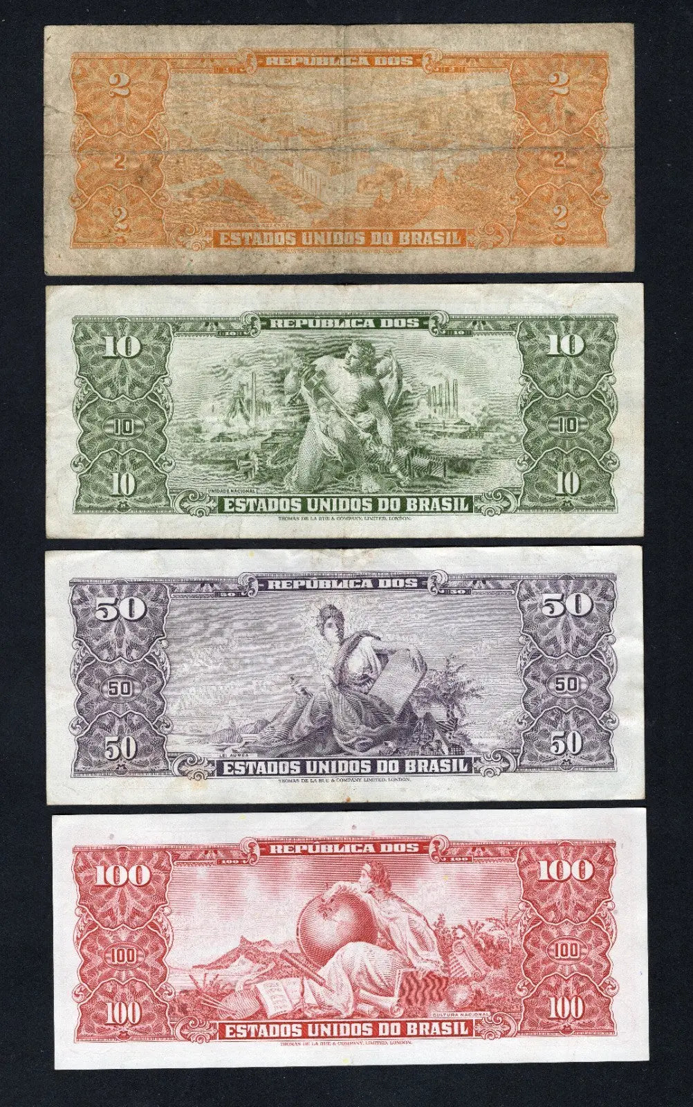 Brazil 4 Pcs  SET 2, 10 50 100 Cruzeiros 1956-1967 VERY FINE/D11