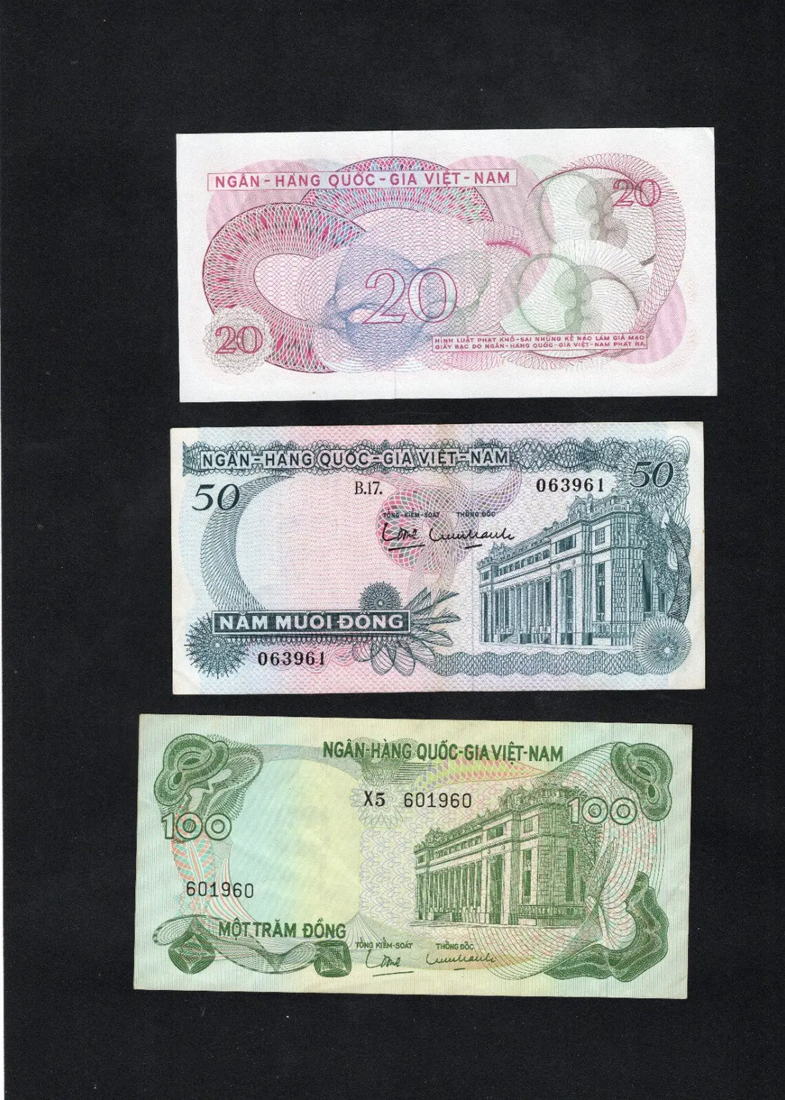 : Front view of five authentic South Vietnamese banknotes: 20, 50, 100, 500, and 1000 Dong, ranging from 1969 to 1972.