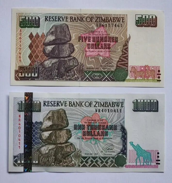 ZIMBABWE SET 5 Pcs 10,50,100,500 & 1000 Dollars 1994-1997/ref d8