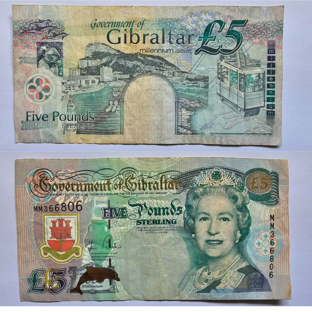 GIBRALTAR, 5 pounds, 2000, QEII, P-29 Millennium Commemorative Used