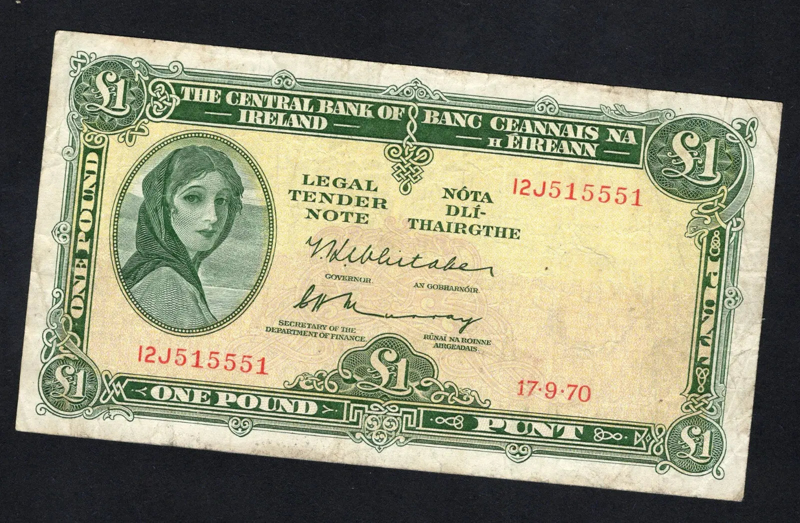 front of Ireland Lady Lavery 1 pound Note 1970 Very Fine /d 11