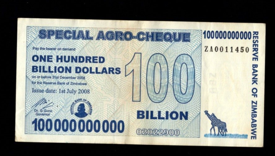 Zimbabwe 100 Billion Dollars Special Agro-Cheque 2008 replacement note/ref d3 - worldbanknote