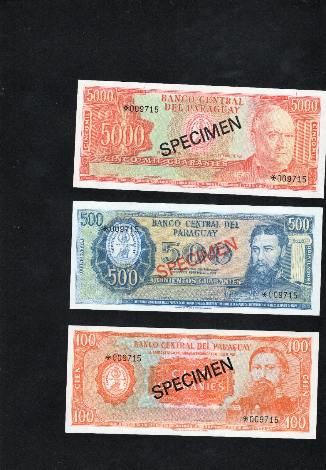 PARAGUAY 1979 SPECIMEN SET of 5 BANKNOTES /d10