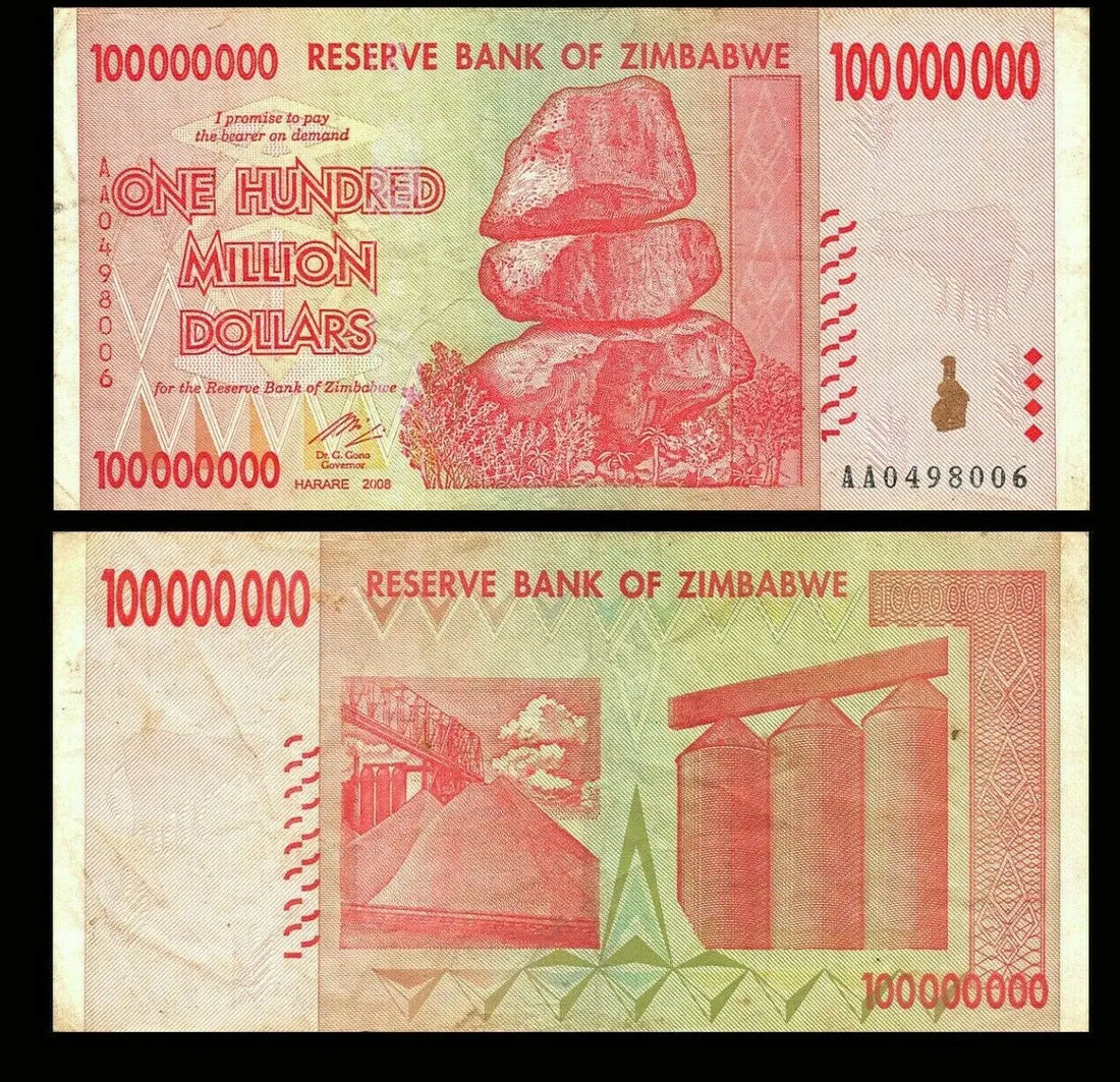 Zimbabwe 100 million dollar banknote with balancing rocks and industrial silos design