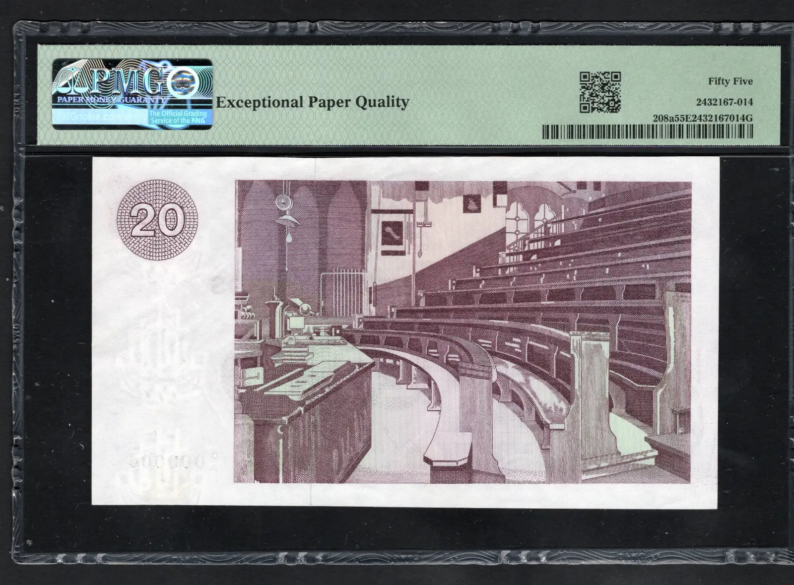 back of Scotland 1972  20 Pounds P208a Clydesdale Bank  PMG 55 EPQ AUNC Serial number 4