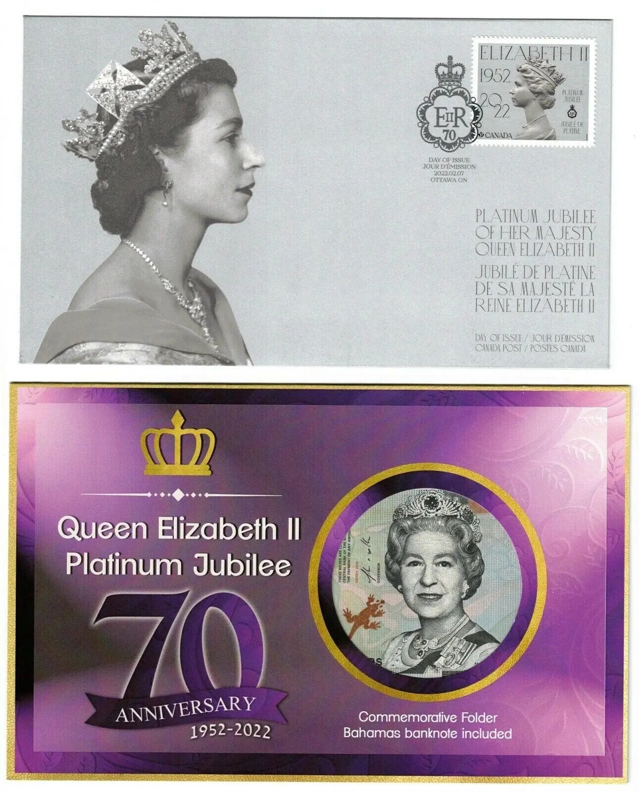 2022 Canada Stamp Queen Platinum Jubilee QEII FDC + Bahamas 1/2 Dollar
