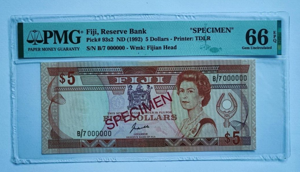 FIJI $5 Dollars 1992PMG 67 EPQ Superb Gem Unc Specimen - worldbanknote