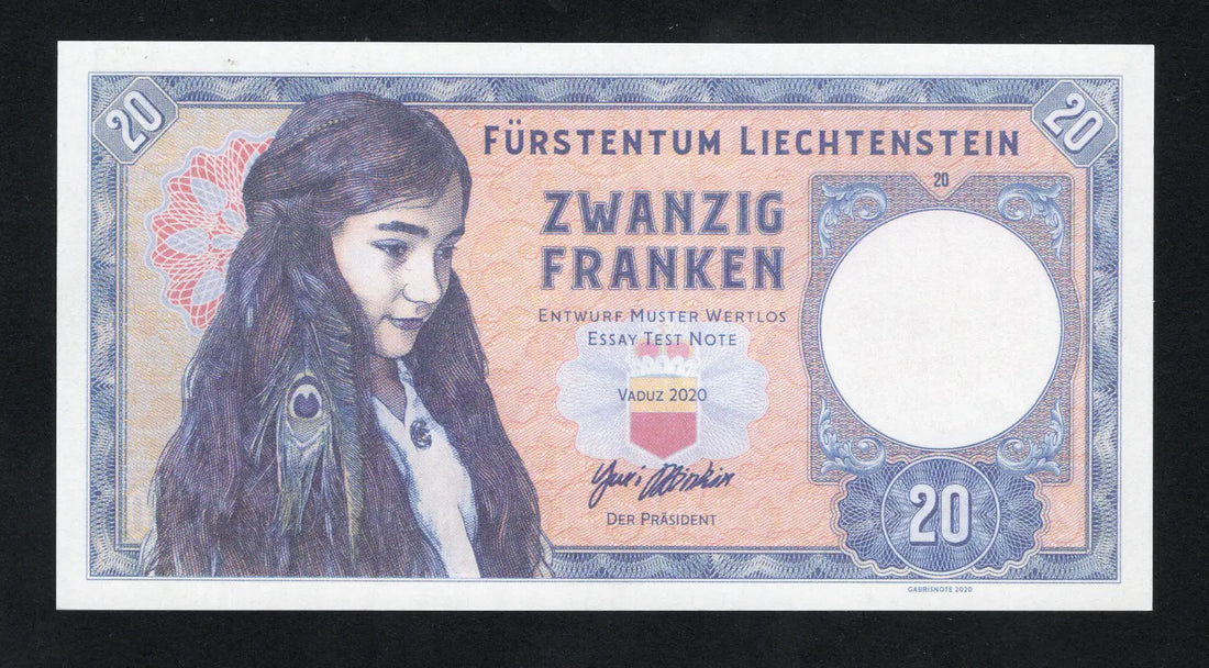 Liechtenstein, 20 Francs, 2020, Private issue Girl with peacock fea/Fantasy Note
