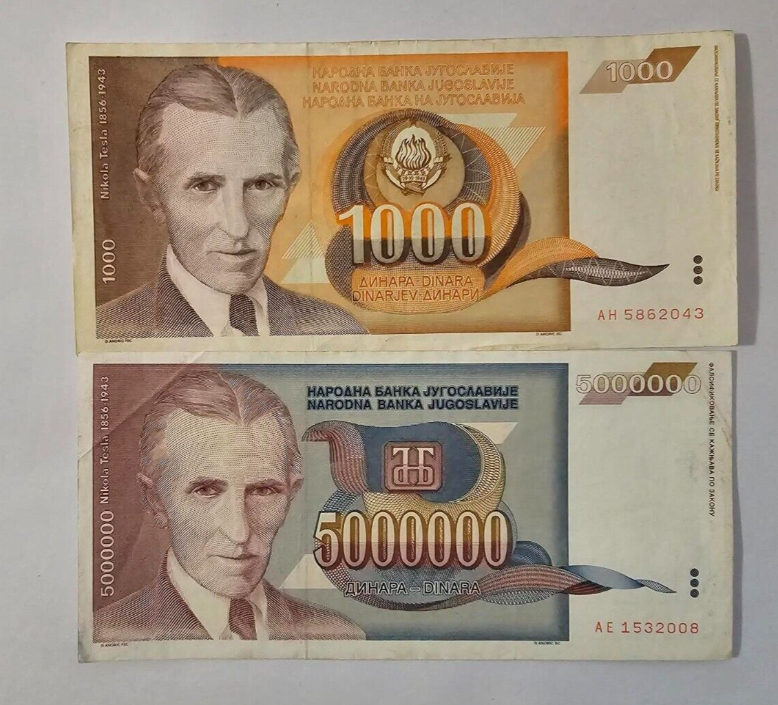 Yugoslavia 1993 Nikola Tesla 1000 & 5 Million Dinara Banknote /ref d2 - worldbanknote