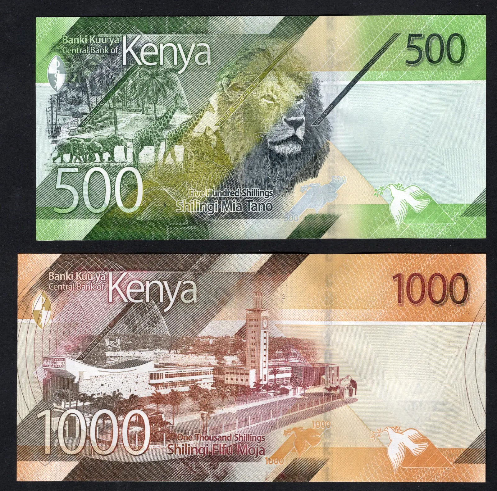 KENYA  set of 5 notes: 50,100,200, 500, 1000  SHILLINGS 2019/2024 UNC
