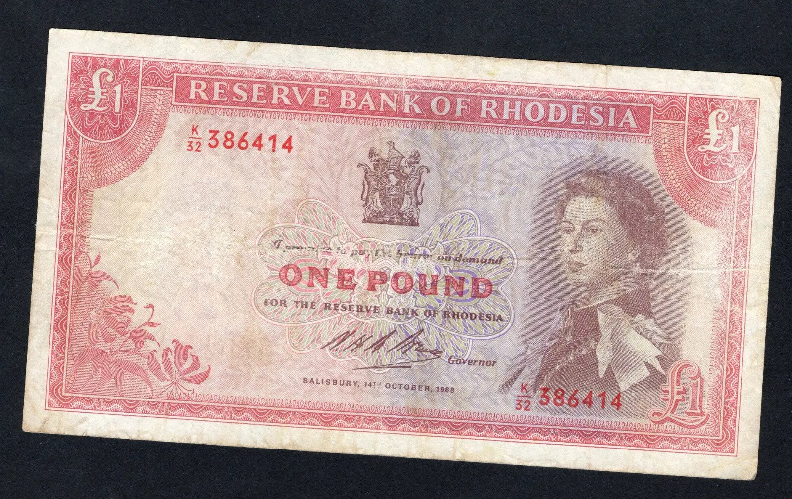 1966 Rhodesia 1 Pound Note | Queen Elizabeth II | K/32 386414