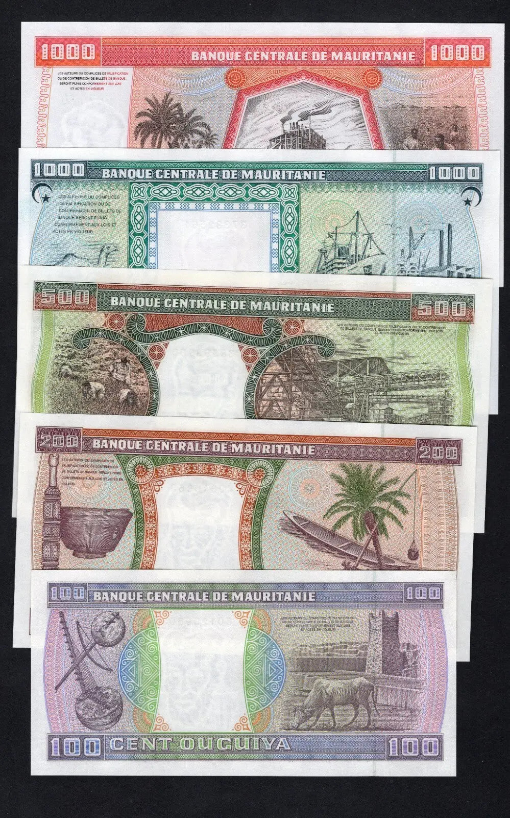 5Pcs Mauritania  Set 100 200 500 1000 1000 Ouguiya 1981-2002 UNC P3/4/5/7/8
