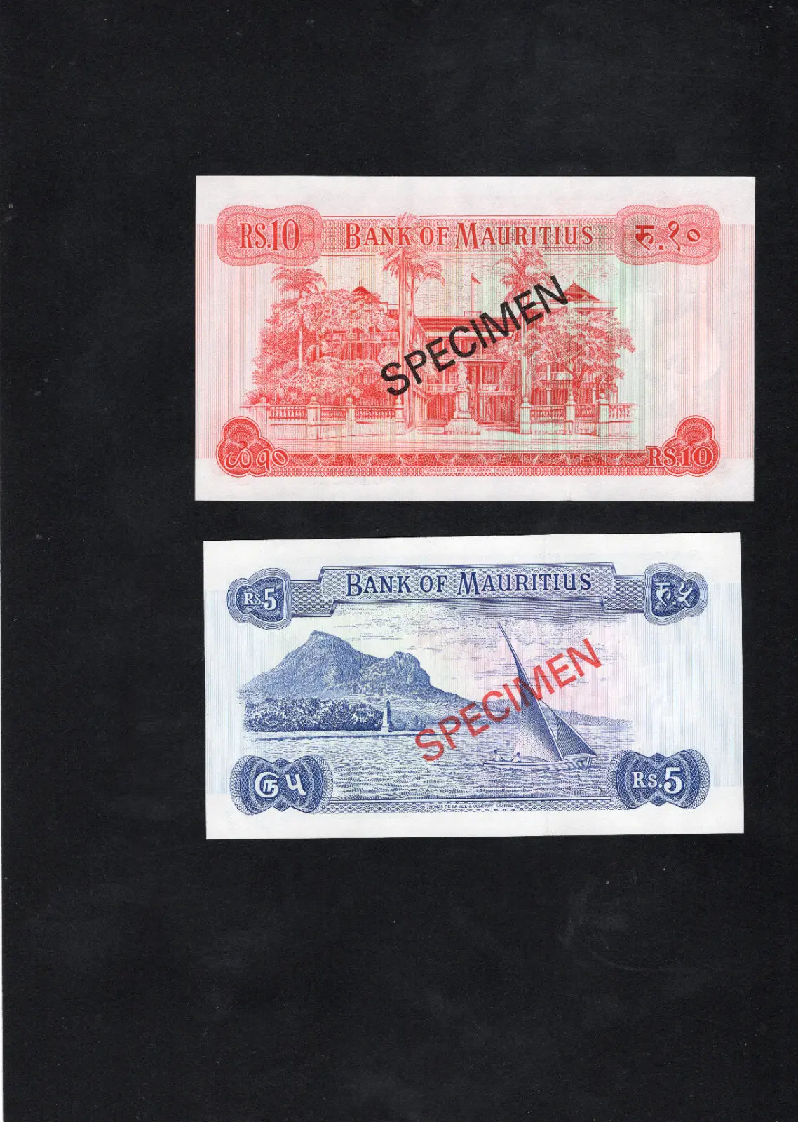 MAURITIUS 1978 SPECIMEN OF 4 x BANKNOTES 5 , 10 , 25 , 50 , RUPEES UNC/D10