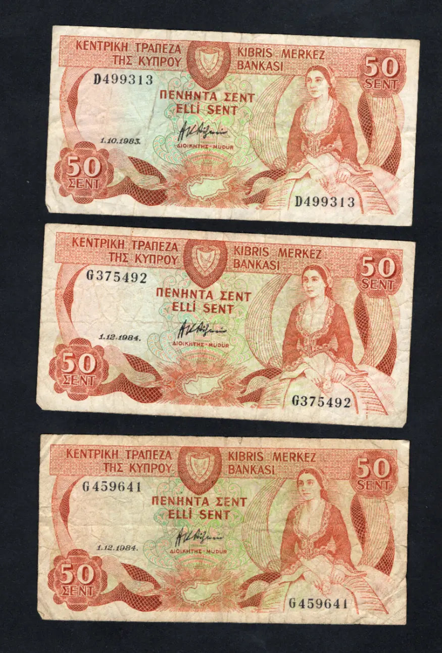 6xCYPRUS 50 cents Banknote used- 1983/1988 /ref s1