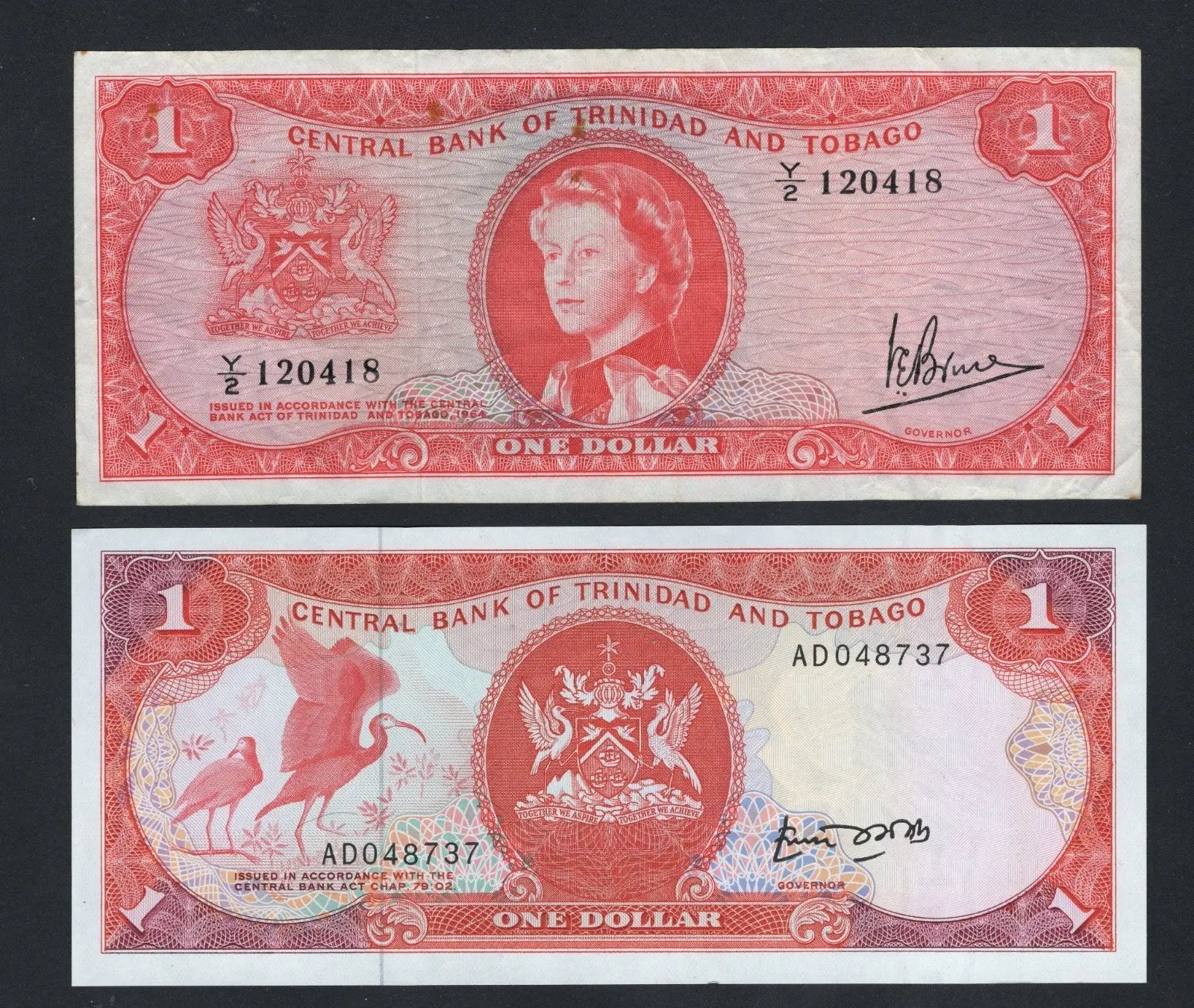 2 Trinidad and Tobago banknotes one dollar note( 1964, 1979) VF/F10