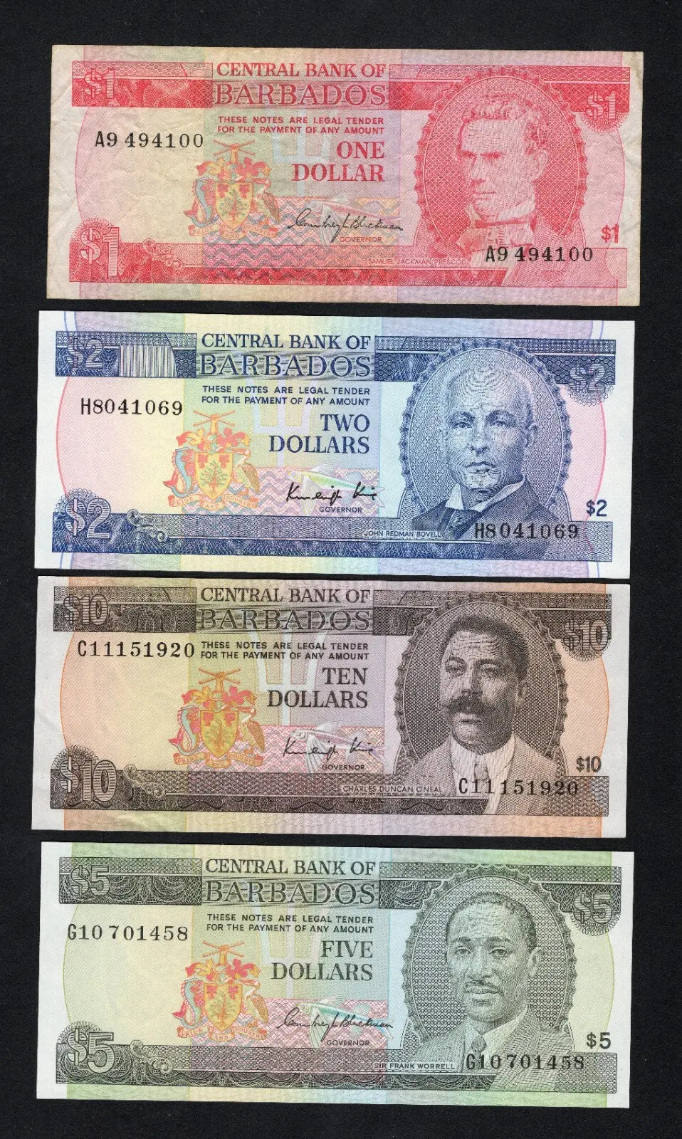 Barbados Dollar banknotes 10.5.2 .1 dollars set(2007-1012)VF/AUNC/C1