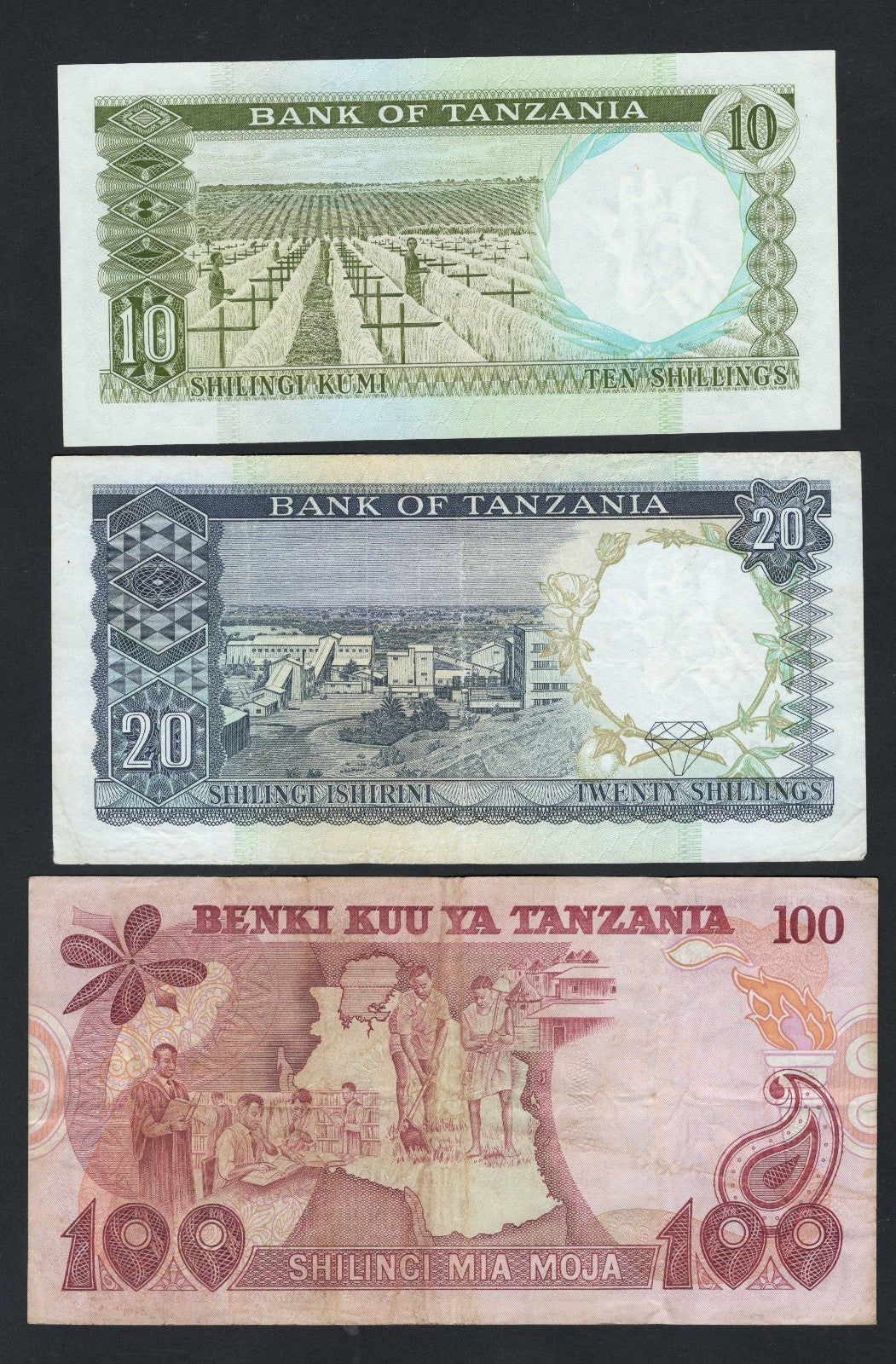 Tanzania 10,20 and 100 shillings VF ( 1960-`1979)/f10