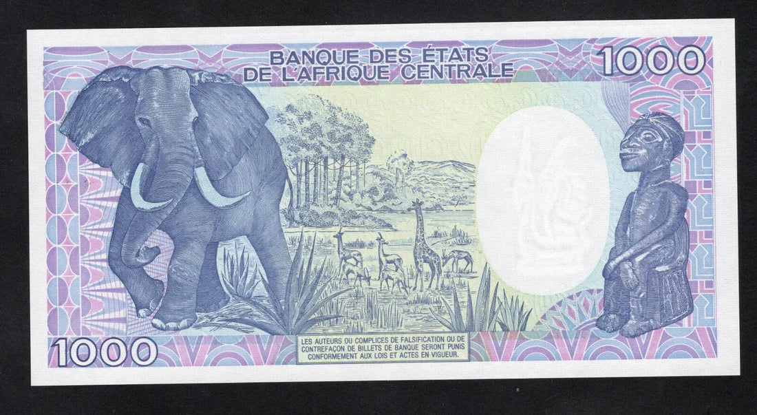 Front and back of an uncirculated 1990 Cameroon 1,000 Francs banknote featuring Paul Biya and an elephant.