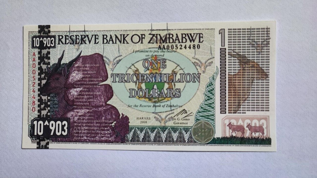 Zimbabwe 1 Tricentillion Dollars Banknote 100 Trillion Series - worldbanknote
