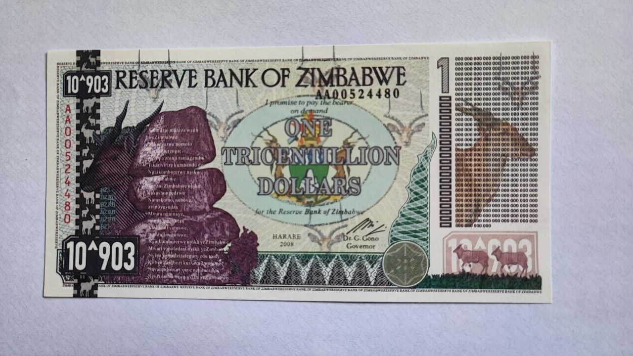 Zimbabwe 1 Tricentillion Dollars Banknote 100 Trillion Series - worldbanknote