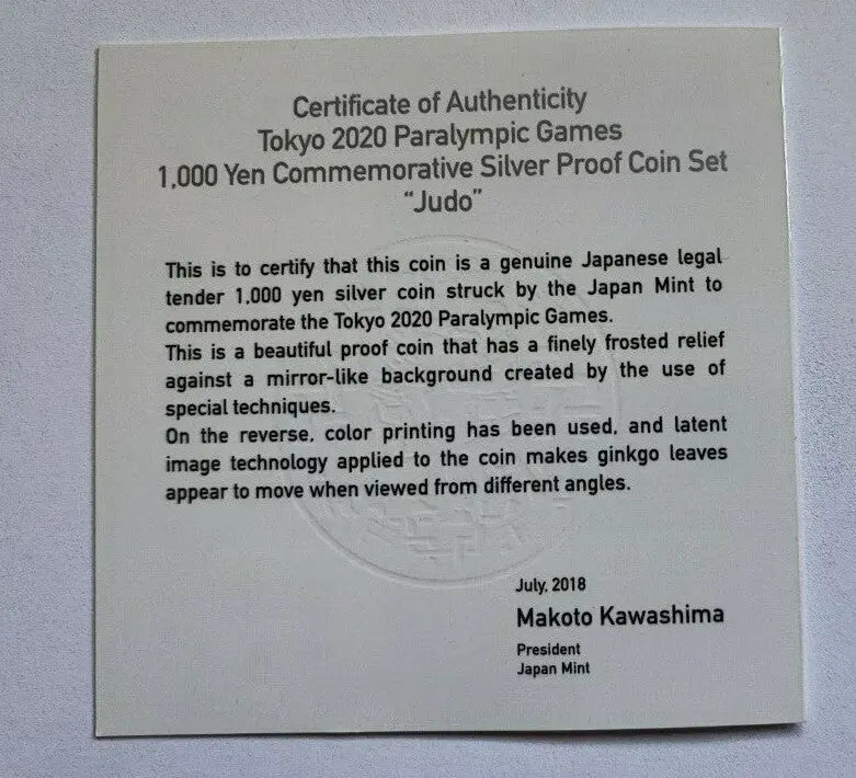 TOKYO 2020 PARALYMPIC GAMES 1000 YEN COMMEMORATIVE SILVER PROOF COIN JUDO NEW