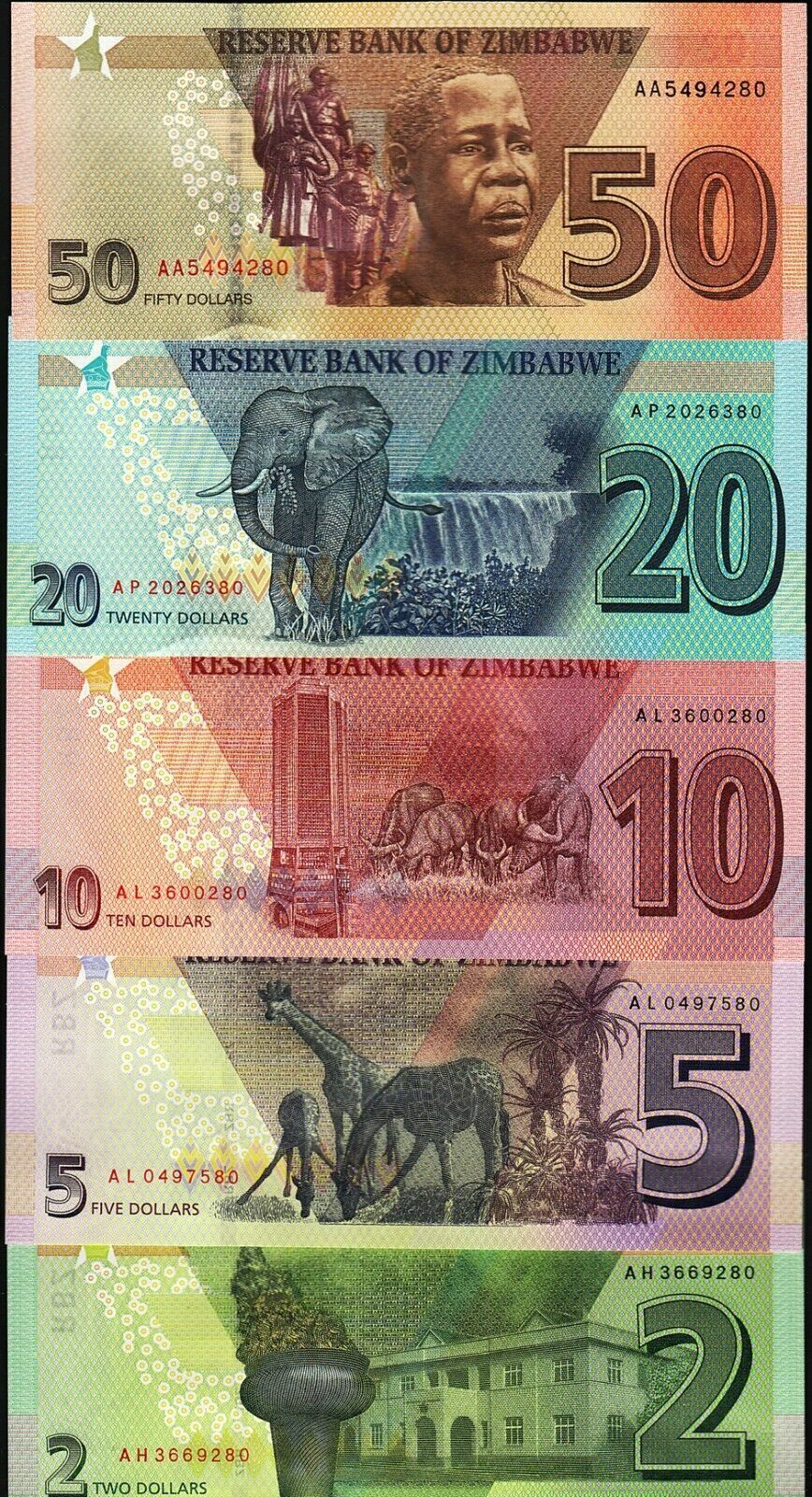 Zimbabwe 2 + 5 + 10 + 20 + 50 Dollars 2019 - 2020 Set of 5 Banknotes 5 PCS UNC - worldbanknote