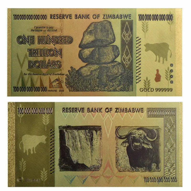Zimbabwe 100 trillion dollar banknote featuring balancing rocks, buffalo, and waterfall design