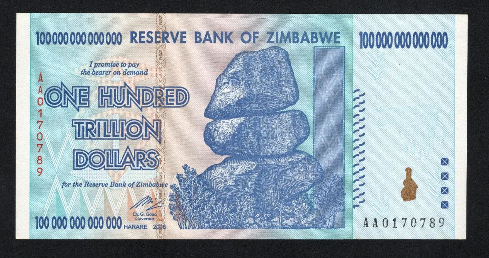 Zimbabwe 100 Trillion Dollar banknote. Genuine, UNC AA Serial Number UV checked!
