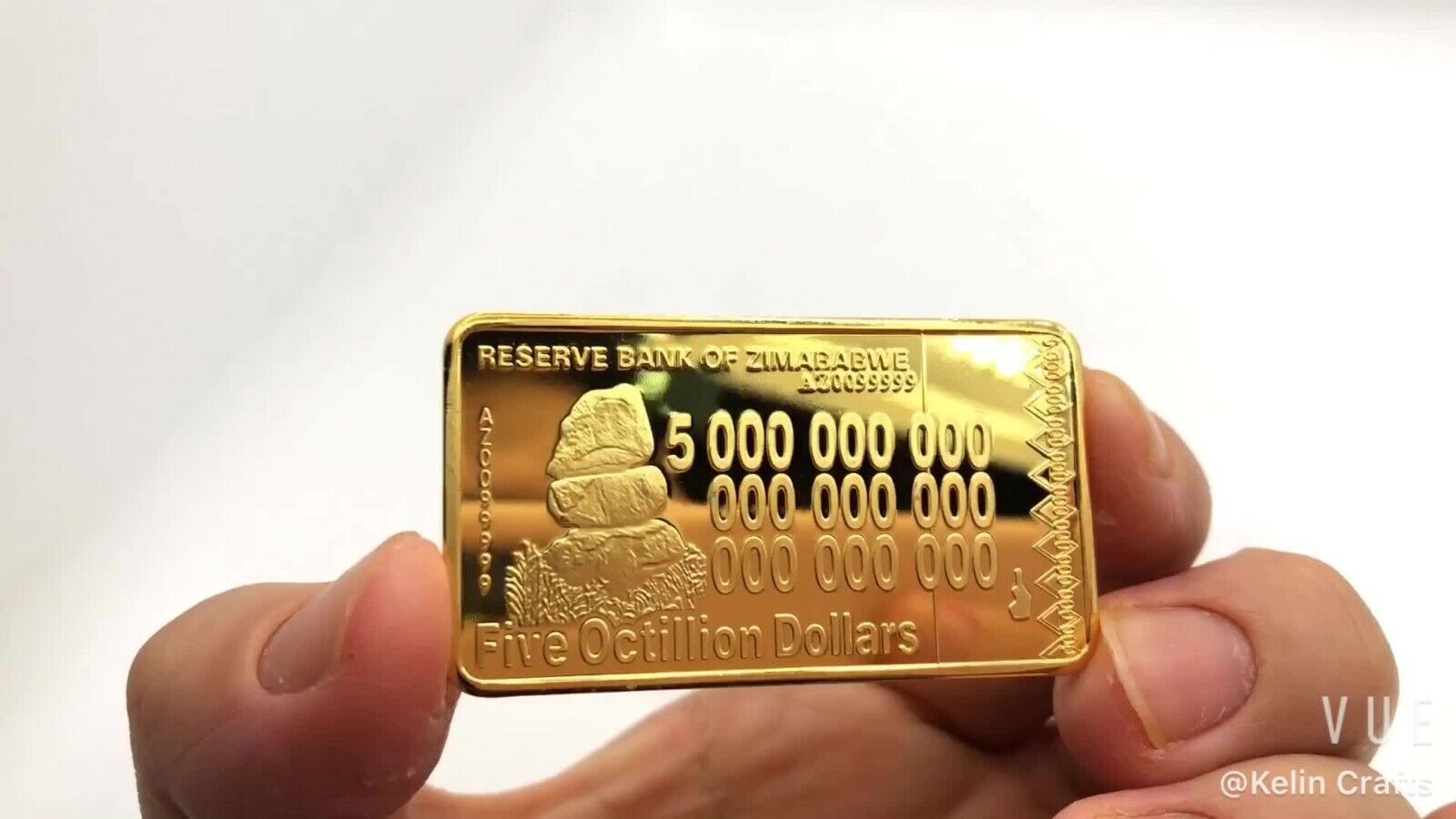 Gold plated Zimbabwe Five Octillion Dollar bar Gold Clad Bullion Bar - worldbanknote