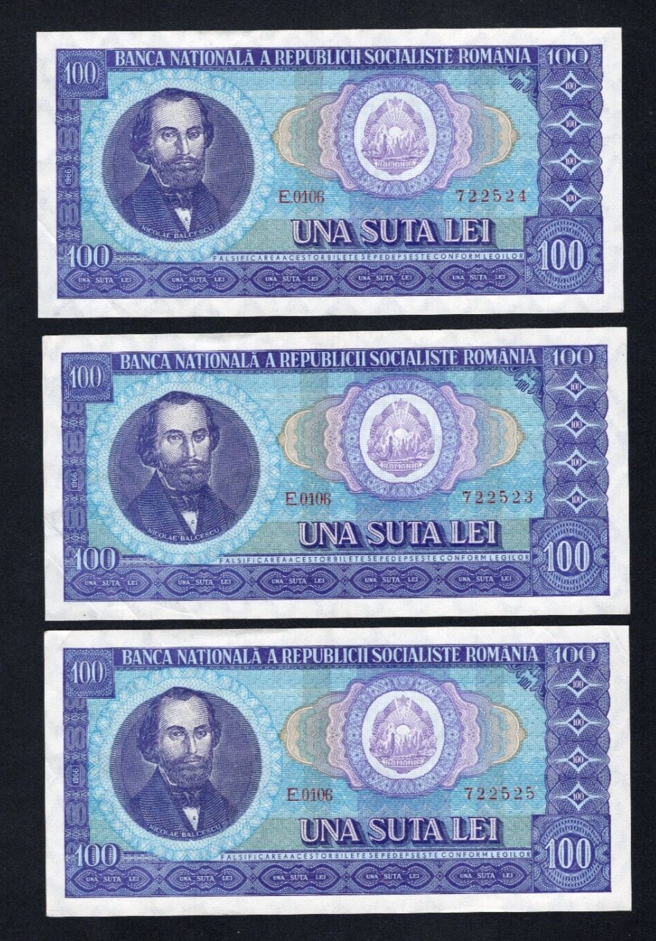 3xROMANIA 100 Lei 1966 P 97a(2) AUNC/XF/d2 - worldbanknote