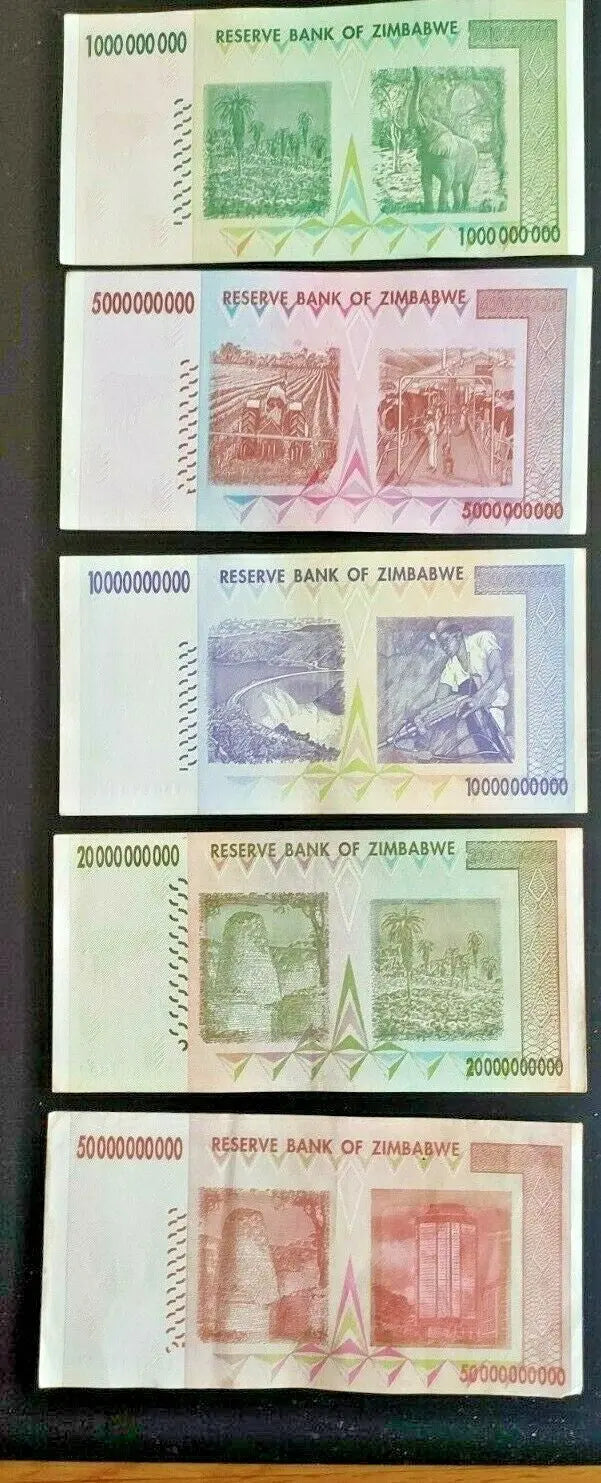 Zimbabwe banknotes set with denominations from 1 to 50 billion dollars, stacked on black background