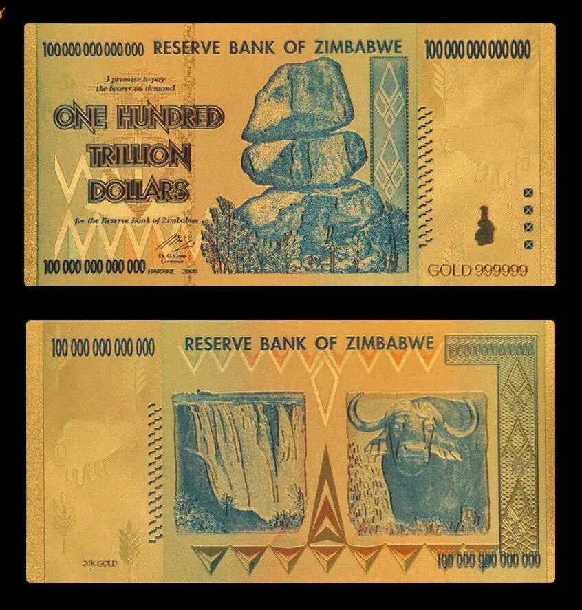 Zimbabwe 100 trillion dollar gold banknote featuring stacked rocks, Victoria Falls, and buffalo illustrations.
