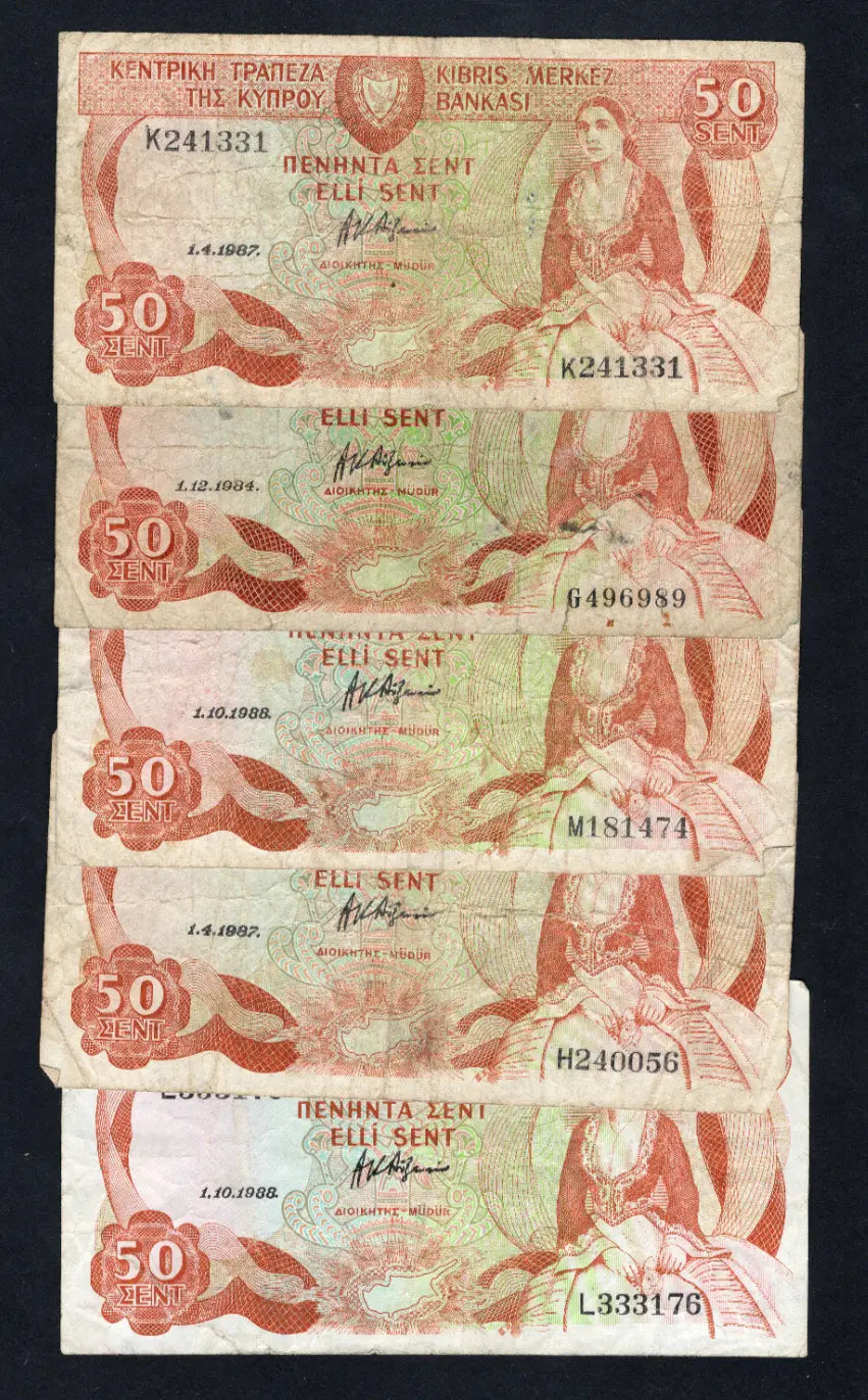 5xCYPRUS 50 cents Banknote used- 1983/1988 /ref s1
